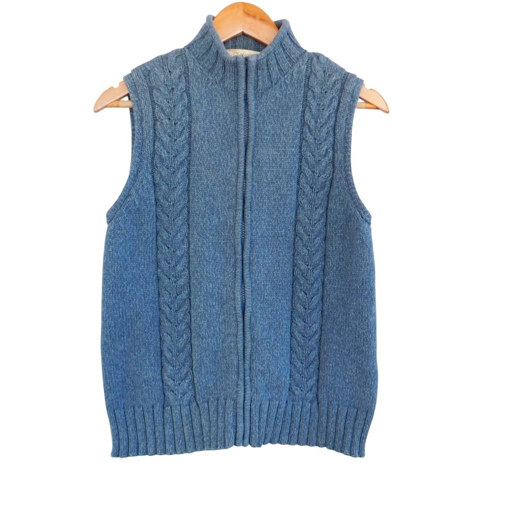Cabelas Women's 100% Cotton Cable Knit Full Zip Sweater Vest Blue Sz Large